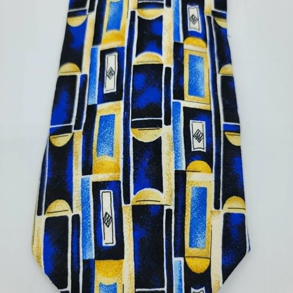 Mulberry Men’s Geometric Necktie Blue Gold 100% Italian Silk 57 x 4